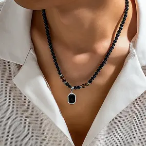 Black Beaded Necklace Tiger Eye Onyx Pendant Choker - Protection Crystal Jewelry Gift for Men Women
