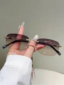 Women's Frameless Square Fashion Sunglasses, Metal Rimless Sunglasses, Trendy Metal Hollow Legs, Simple Style High-End Feel, New Luxury Design Eyewear