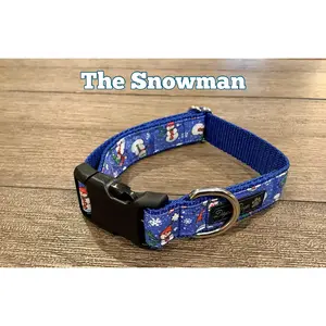Handmade Blue Dog Collar with Winter Snowmen