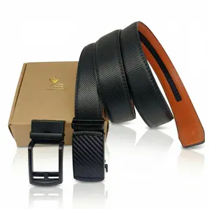 Men's Carbon Fiber Texture Ratchet Belt Set - Genuine Leather Automatic Belt with 2 Interchangeable Buckles, Custom Trim to Fit (26"-48"), Tech Aesthetic Gift Set with Orca Black Merino Wool Hat