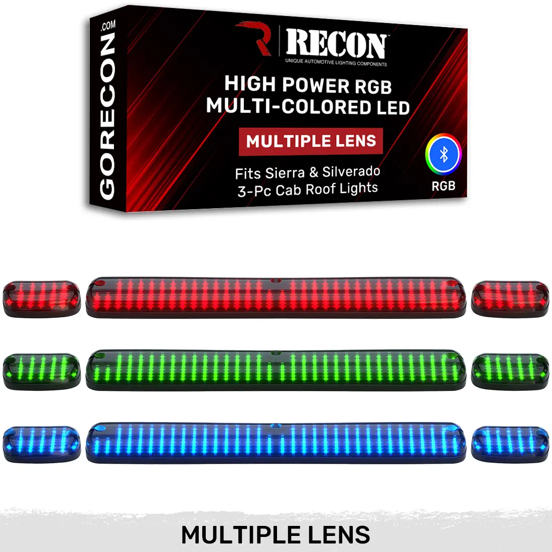 RECON GMC Sierra & Chevy Silverado 2007-2014 (2nd Gen) Heavy-Duty 3-Piece Ultra Bright RGB Multi-Colored LED Cab Roof Lights Bluetooth App - Smoked or Clear Lens