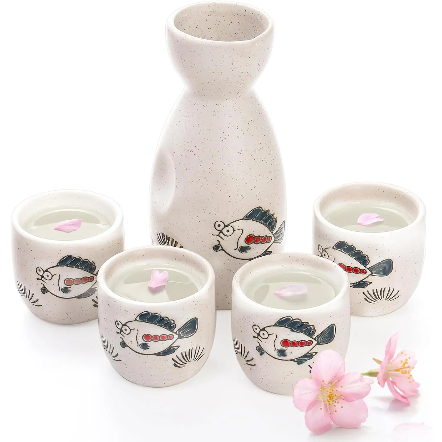 5 Pieces Ceramic Japanese Sake Set, Cute Fish Saki Cup Set, Soju Tea Set with 1 Tokkuri Bottle and 4 Porcelain Sake Ochoko Cups for Home, Gift, Microwave and Dishwasher Safe