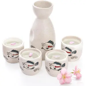 5 Pieces Ceramic Japanese Sake Set, Cute Fish Saki Cup Set, Soju Tea Set with 1 Tokkuri Bottle and 4 Porcelain Sake Ochoko Cups for Home, Gift, Microwave and Dishwasher Safe
