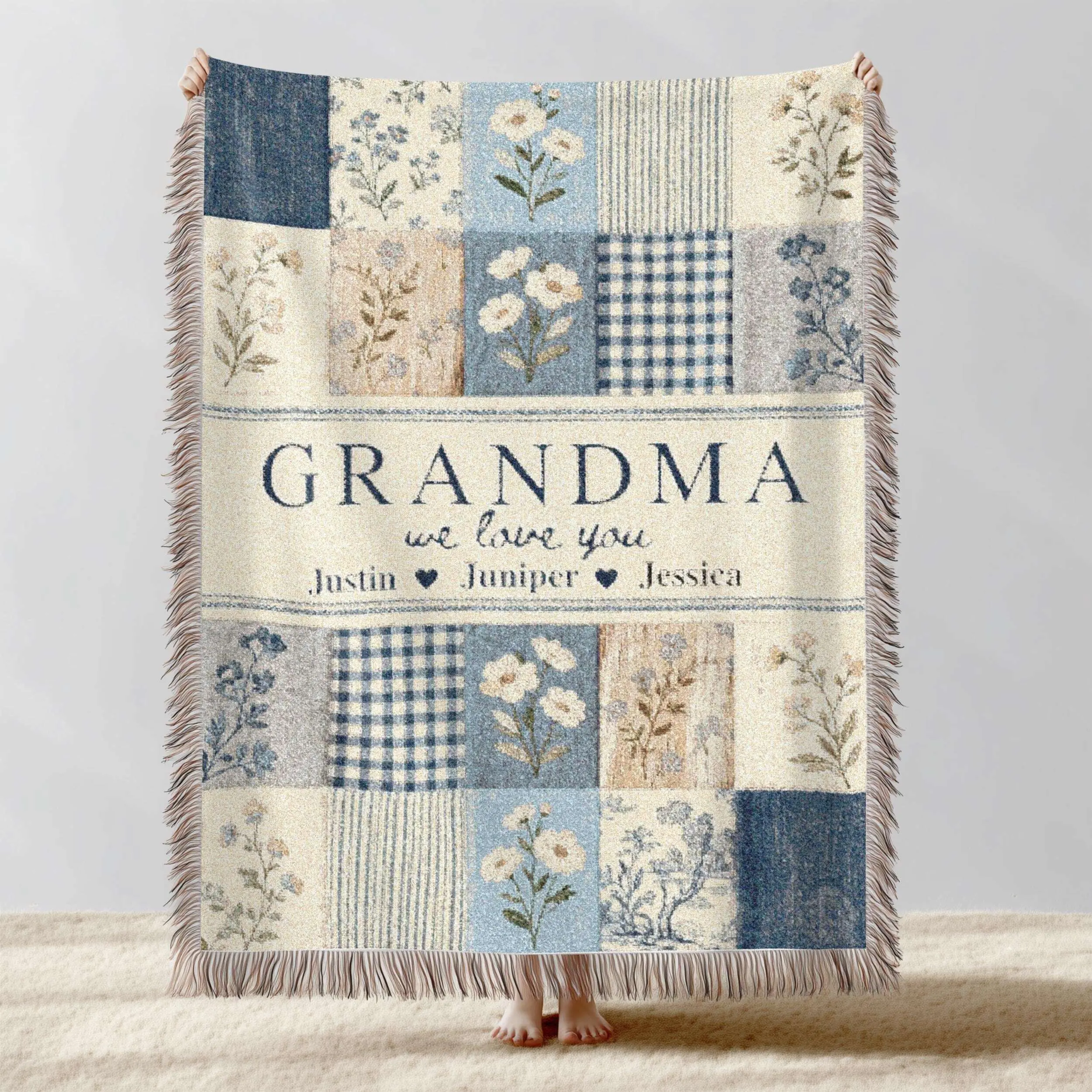 Personalized Grandma Woven Blanket, Custom Grandchildren Names Patchwork Tapestry Throw, Floral Cottagecore Gift for Nana, Gigi Gift