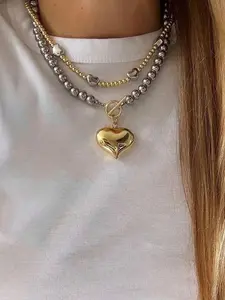 Elegant Large Heart Pendant Necklace, Copper Beads Chain Fashion Jewelry for Women Girlfriend, Perfect Gift for Valentine's Day, Birthday, Anniversaries,Daily Wear