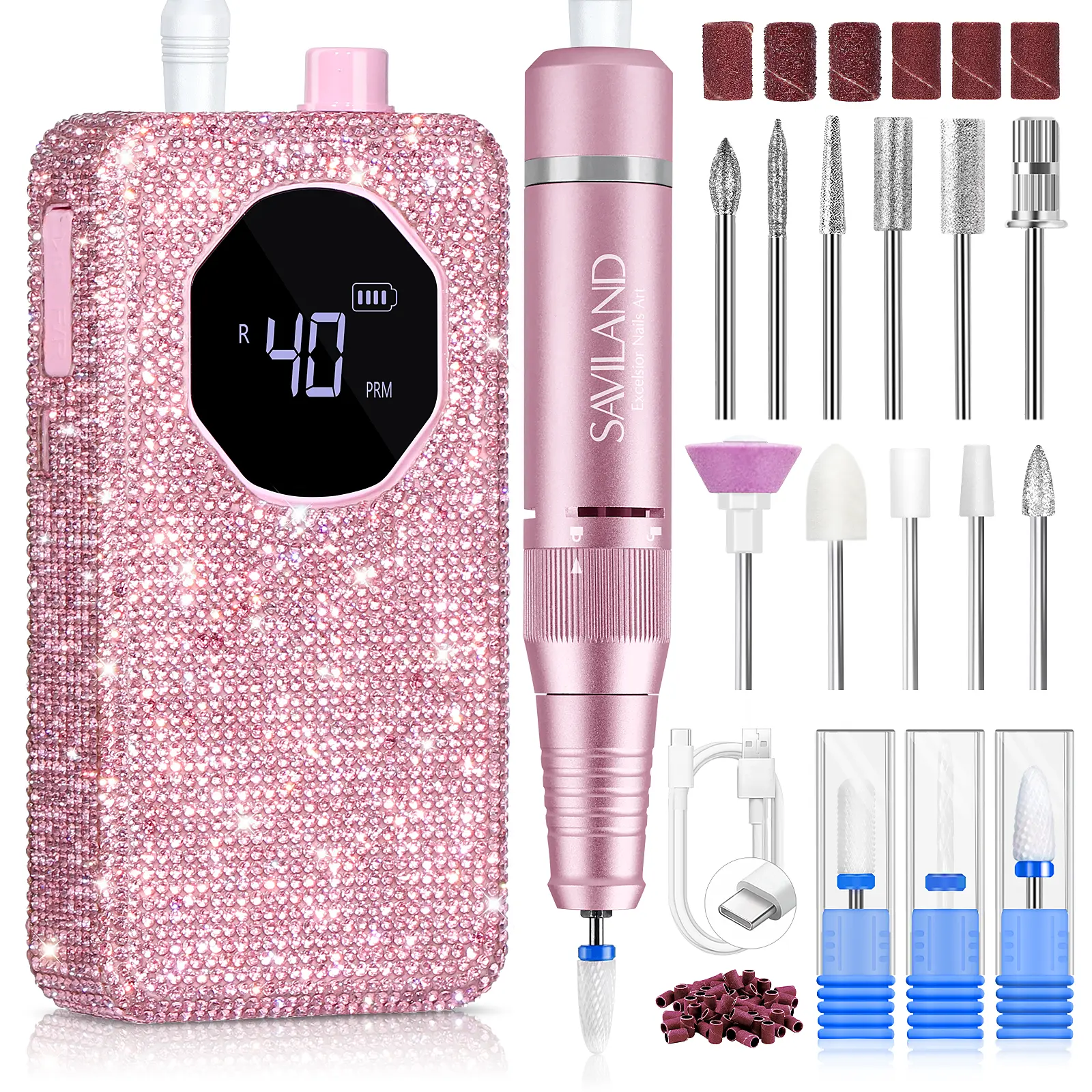 SAVILAND Professional Nail Drill 40000 RPM: Portable Rechargeable Electric Nail File with a 4000mAh Battery Ceramic Drill Bits Sanding Bands