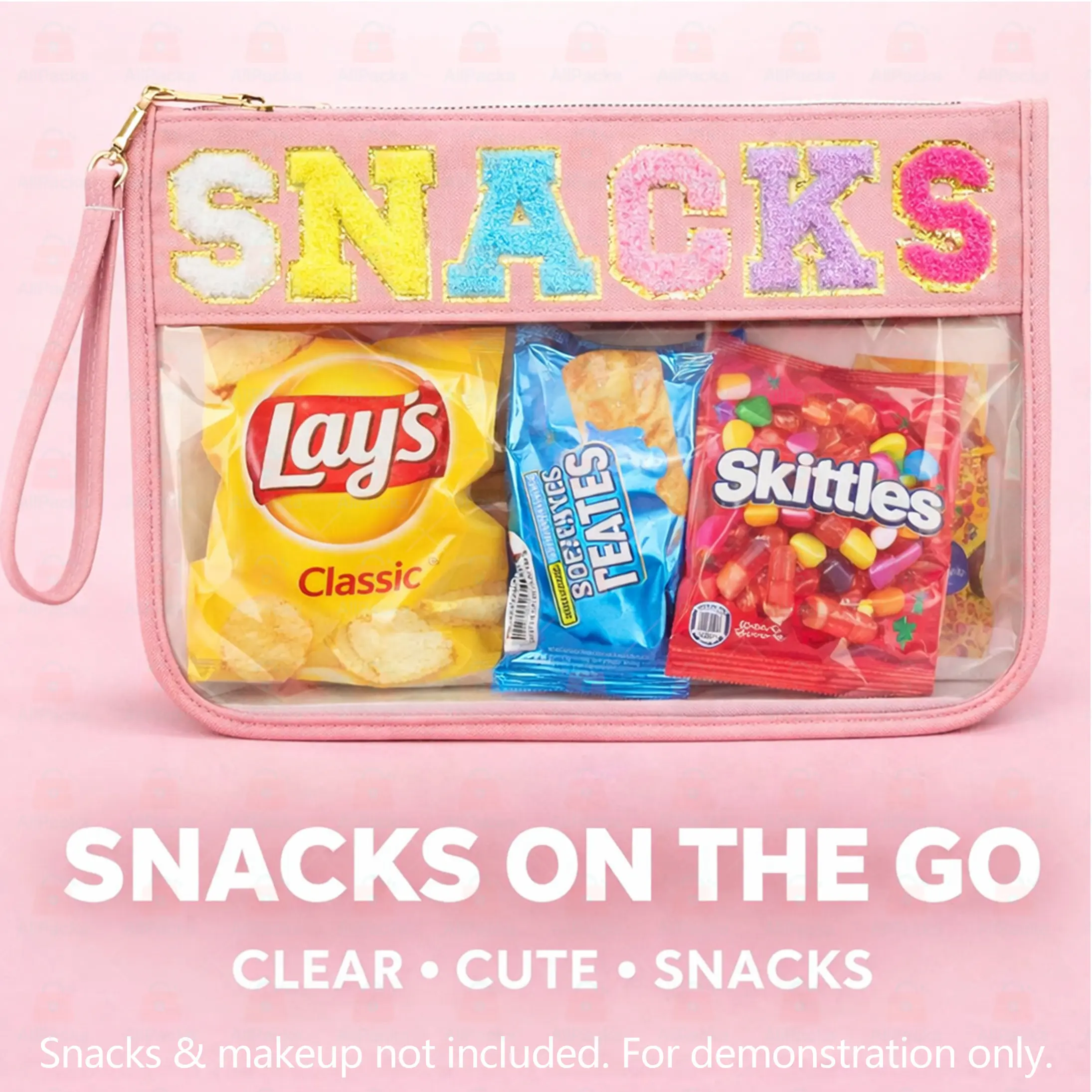 Clear SNACKS Pouch for Everyday Use  Transparent PVC Snack Organizer Bag with Zipper, Embroidered Letter Portable Makeup Bag, Handheld Cosmetic Pouch, Waterproof PU Travel Pouch Summer