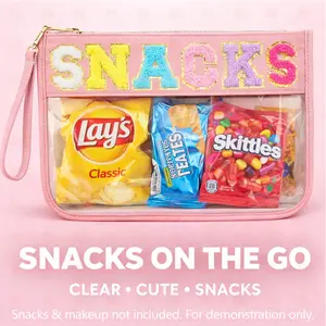 Clear SNACKS Pouch for Everyday Use  Transparent PVC Snack Organizer Bag with Zipper, Embroidered Letter Portable Makeup Bag, Handheld Cosmetic Pouch, Waterproof PU Travel Pouch easter summer