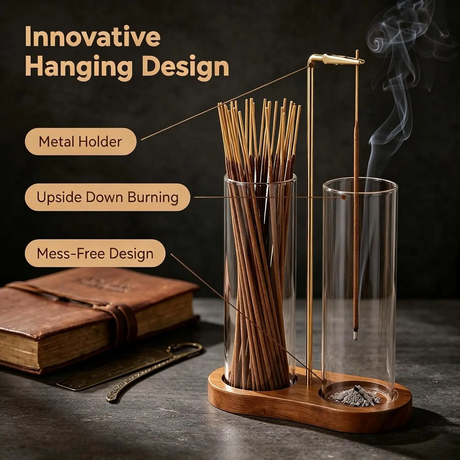Incense Holder,2 in 1 Incense Sticks Burner Holder with Storage,Hang Upside Down Incense Holder for Sticks with Glass Ash Catcher for Meditation Yoga Spa Room Decor