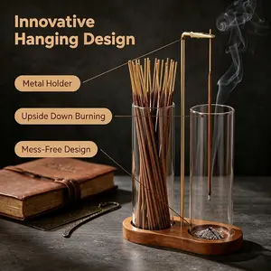 Incense Holder,2 in 1 Incense Sticks Burner Holder with Storage,Hang Upside Down Incense Holder for Sticks with Glass Ash Catcher for Meditation Yoga Spa Room Decor