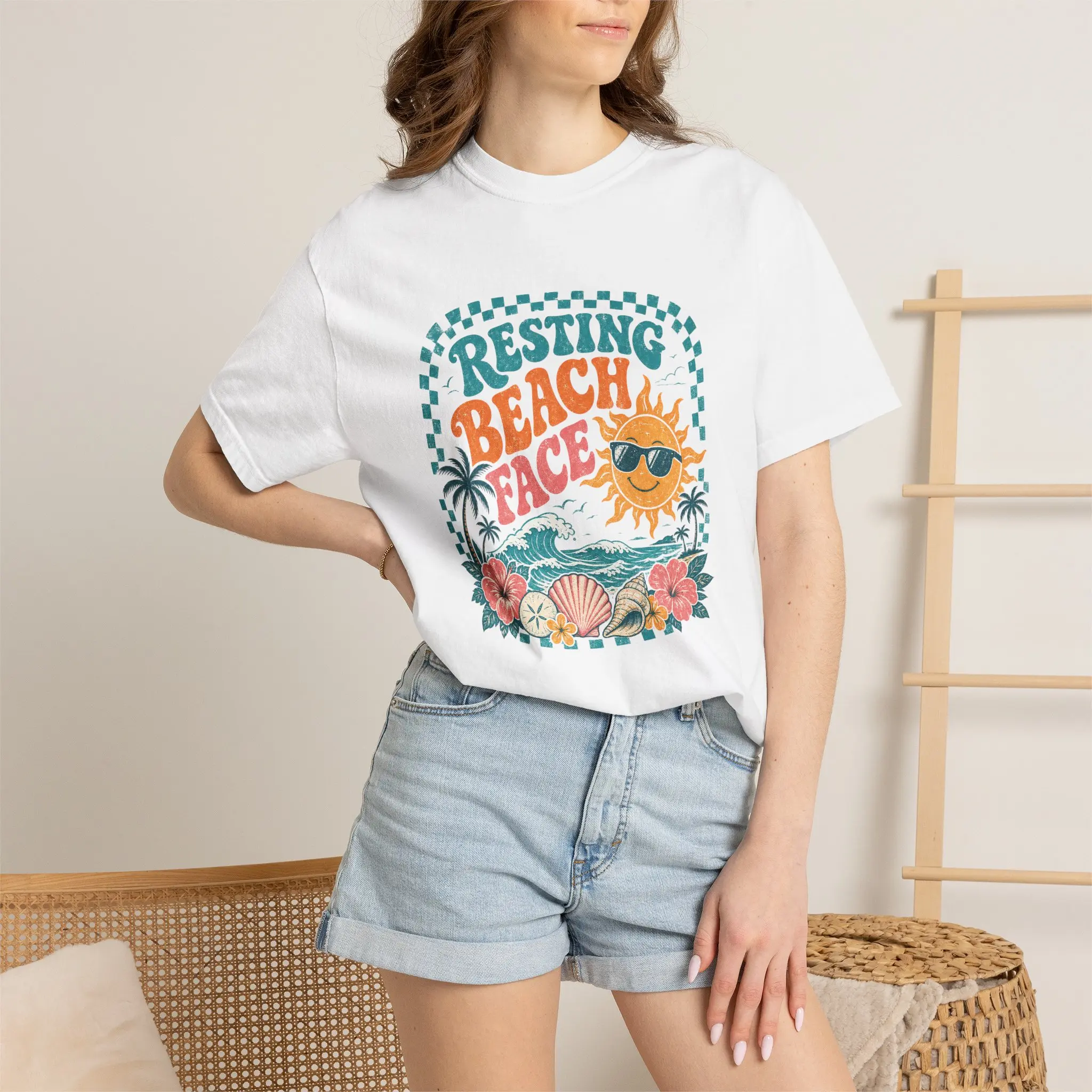 Resting Beach Face T-shirt | Retro Sun, Waves, Seashells, Tropical Floral Design
