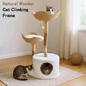 46" Modern Cat Tree, Solid Wood Cat Condo with 2 Baskets, Scratching Post, Indoor Large Cat Climbing Tower with Hiding Enclosure