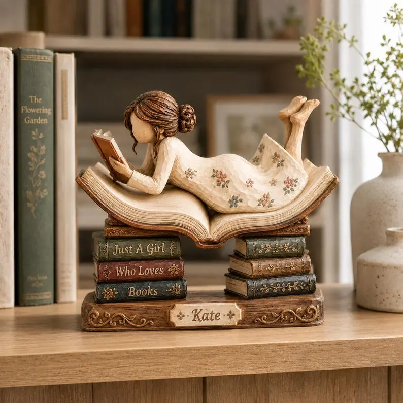 Reading Girl Statue with Book Stack Design, Custom Just A Girl Who Loves Books Wooden Block, Book Lover Gifts, Reader Gift, Bookish Girl Gift, Bookshelf Decor Gift for Her, Bookshelf Decor