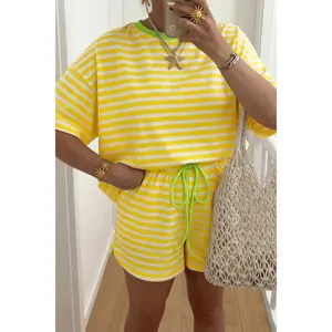 Yellow Stripe Contrast Neck Loose Tee and Drawstring Shorts Set outdoorfun