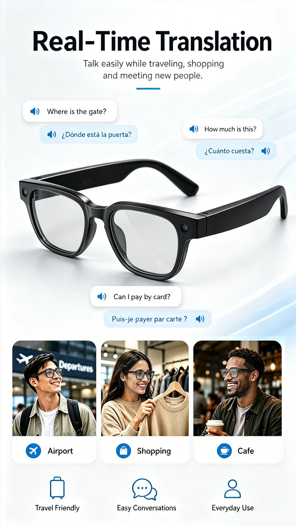 AI Smart Wearable Eye Glasses Camera - 8MP Digital Camera, Hands-Free Photo & Video Recording, Bluetooth Calls, Music Playback, App-Based Translation, Casual Minimalist Lightweight for Travel & Daily Use Cameraglasses smart glasses with camera glasses