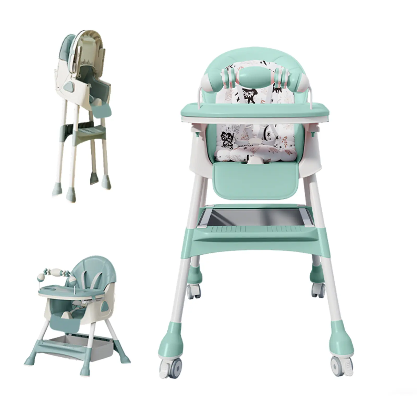 4-in-1 Foldable Baby High Chair, Adjustable Height Toddler Dining Chair with Detachable PU Cushion, Removable Tray & Locking Wheels, Mint Green