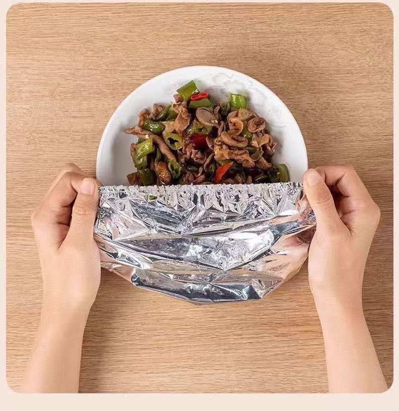 50pcsAluminum foil food warming cover keeps food warm and fresh. High-quality, reusable aluminum foil food cover for the family dining table. Kitchen freshness protector suitable for home and kitchen use.