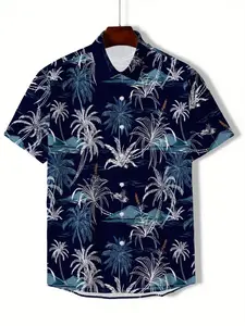 Men's Casual Short Sleeve Blouse, Coconut Tree Island Print, Summer Leisure Shirt, Fitted Style, All over Print