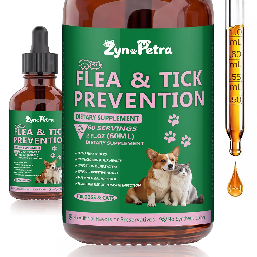 Natural Herb Flea & Tick Support Liquid Drops for Dogs & Cats, 60 ml Single Item, 48months Shelf Life, Daily Wellness Formula with Vitamins, Skin & Coat Care, Bacon Flavor, No Harmful Additives, Suitable for Small-Medium-Large Pets