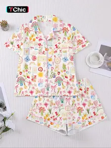 【Valentine's Day】Women's Spring Summer Sleepwear Set, Elegant Floral Butterfly Knot Design, Comfortable Shirt Collar Top & Elastic Shorts, Valentine's Gift