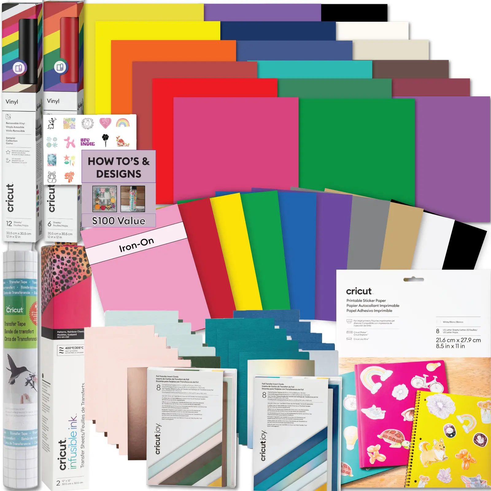 Cricut Deluxe All-in-One Materials & Accessories Bundle for Cricut Maker & Explore Machines - 50+ Piece Beginner Craft Supply Kit with Permanent Vinyl, HTV, Cards, Sticker Paper & Project Materials