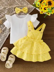 3-Piece Set Toddler Outfit, Ditsy Floral Dress Short Sleeve Tee Matching Bow Headband, Elegant Loose-Fitting