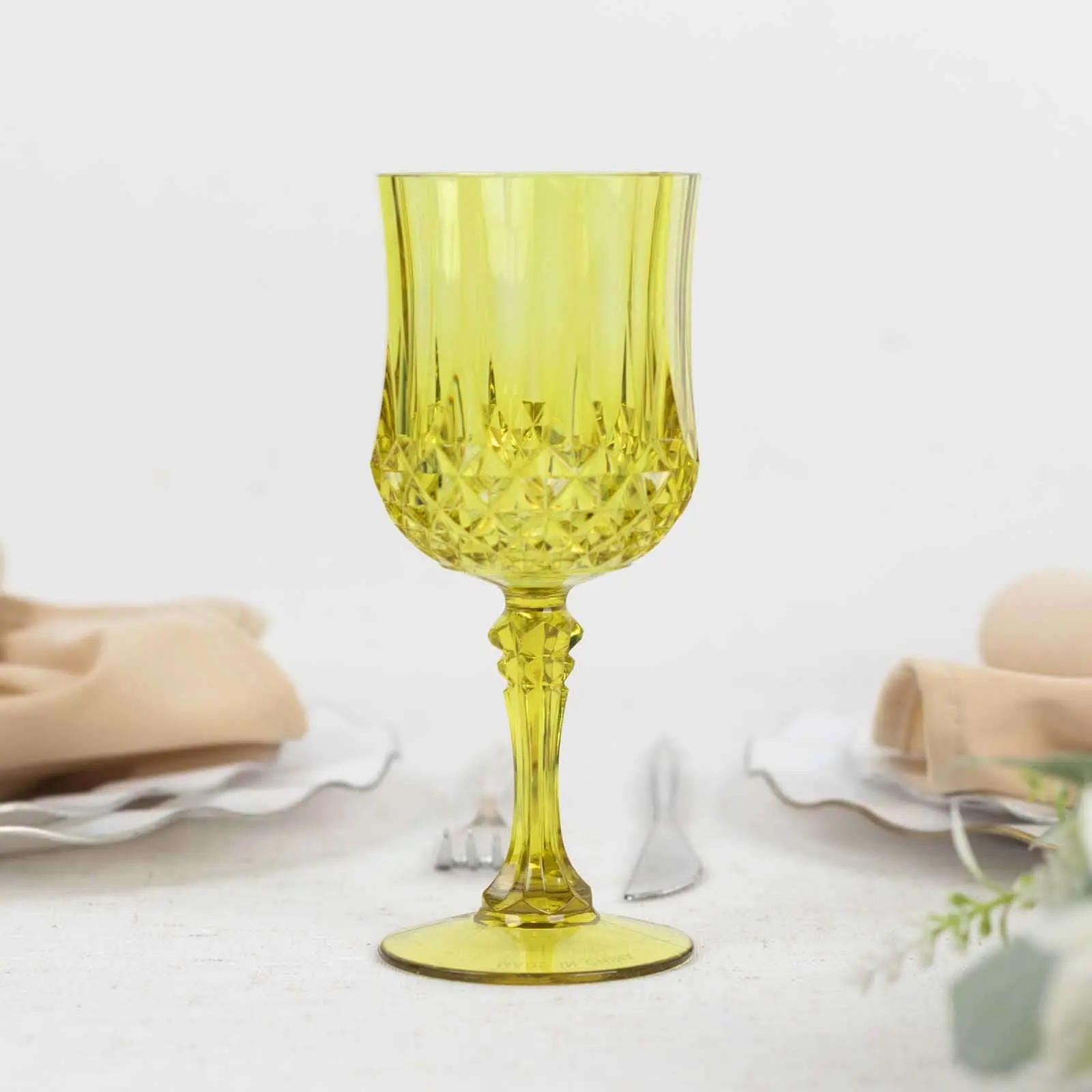 6-Pack Transparent Plastic Crystal Cut Wine Glasses 8oz, Green - Shatterproof Cocktail Goblets