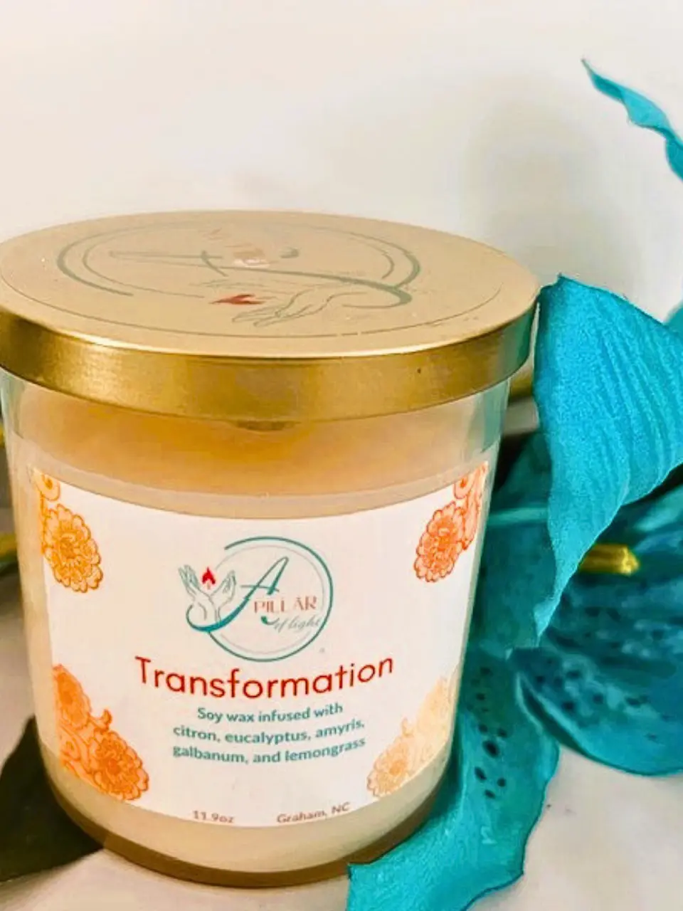 Hand Poured Turquoise Pillar Soy Wax Candle - Artisanal Citrus Blend Scent, Aromatherapy, Highly Scented Home Decor, Meditation Aid for Emotional Balance & Uplifting Atmosphere