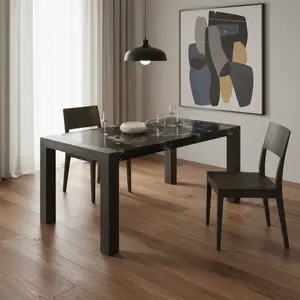 360 Stand Transitional Rectangular Black Faux Marble Dining Table with Wood Base, 30x68x38", 4 Legs, Gloss Finish, Full Assembly, Seats 6, Four Legs