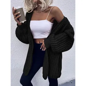 Women's Black Chunky Knit Drop Shoulder Cardigan with Bishop Sleeves Regular Fit Casual Daily Wear Long Sleeve Tops Fabric Women'swear Basic Minimalist Style
