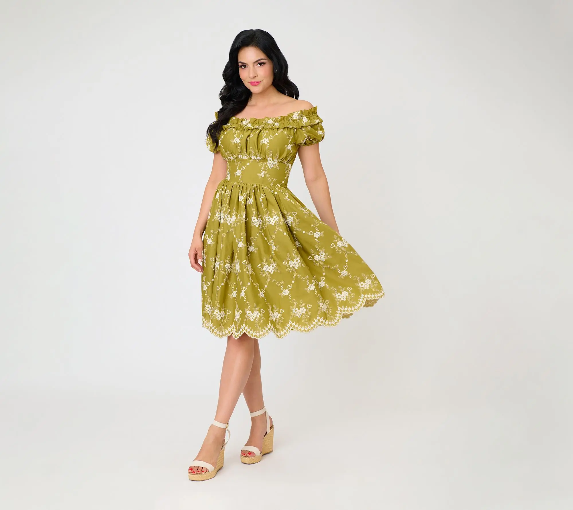 Unique Vintage Chartreuse Off The Shoulder Ruffle Swing Dress