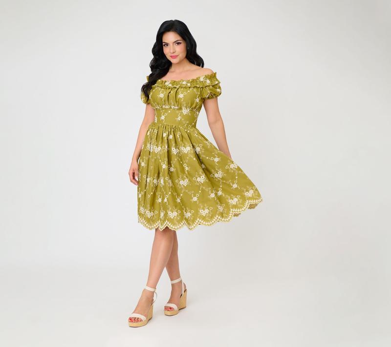 Unique Vintage Chartreuse Off The Shoulder Ruffle Swing Dress