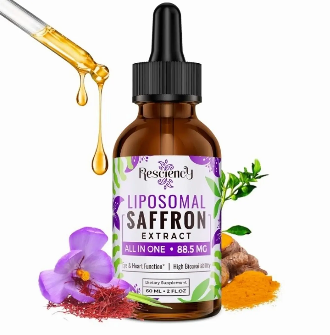 Liposomal Saffron Supplements Drops 88.5mg – High Bioavailability Liquid Saffron Extract for Mood Support, Energy, Focus & Vision with Ashwagandha, Magnesium, Zinc, B12 & D3, 2 fl oz