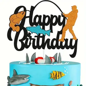 1 piece of fishing-themed birthday party decoration cake topper, fishing rod, baby's birthday topper