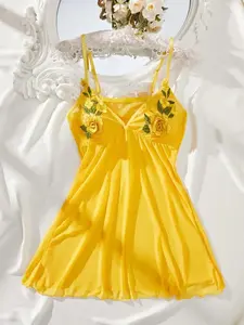 AgeRose Women's Floral Embroidery V-Neck Tulle Cami Nightdress, Fashion Adjustable Spaghetti Strap Split Back Sleepwear, Elegant Summer Loungewear for Women