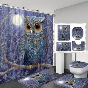 Owl Print Shower Curtain Set, 1pc/4pc Bath Curtain with 12 Hooks, Non-Slip Mat, U-Shaped Floor Mat, Toilet Seat Cover, Bathroom Accessories