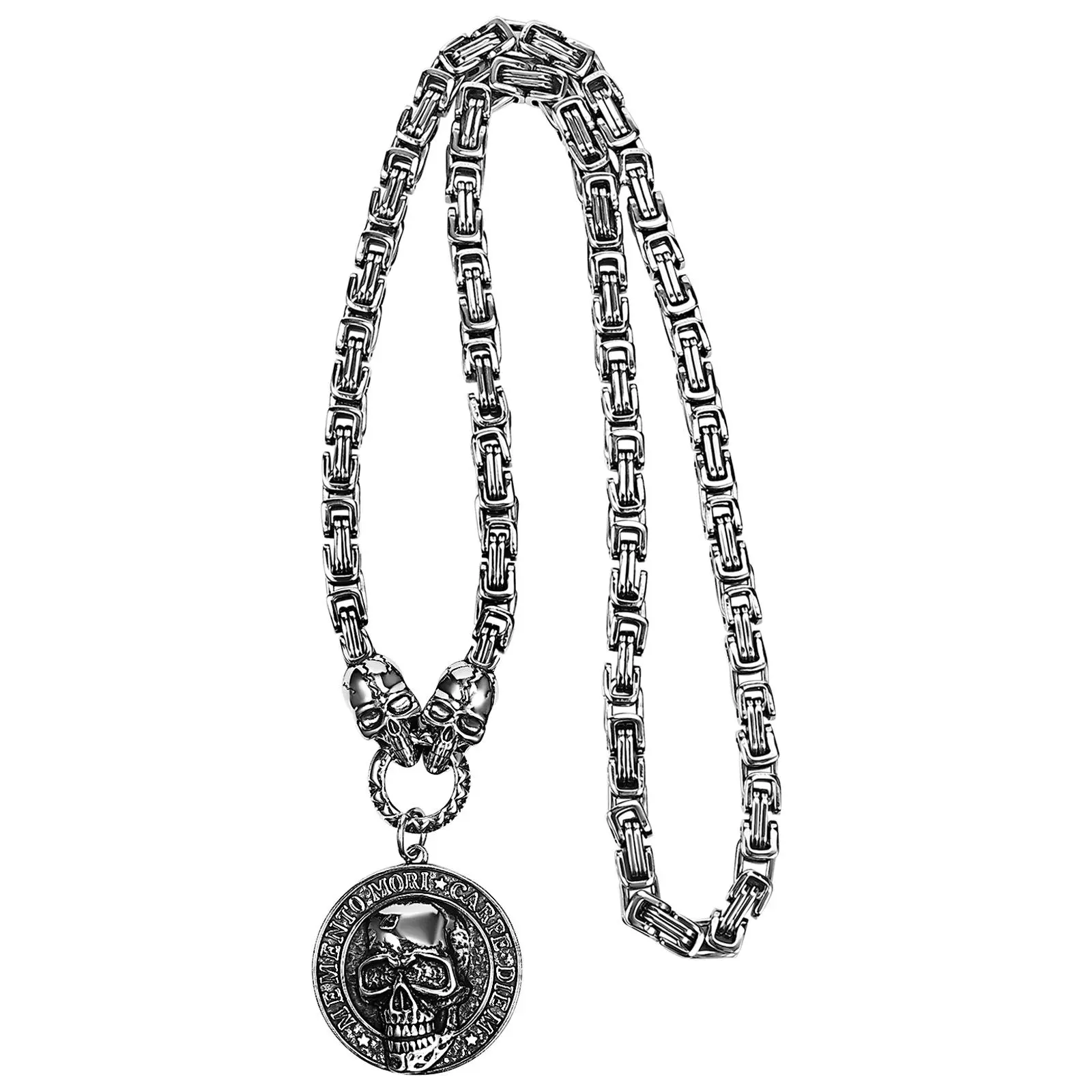 OIDEA Memento Mori Skull Necklace for Men - Stainless Steel Detailed Coin Pendant, Chunky Byzantine Chain, Black Metal Engraved Motto Vintage Gothic Men's Accessories Jewelry, Chunky Necklaces, Black Metal Necklaces