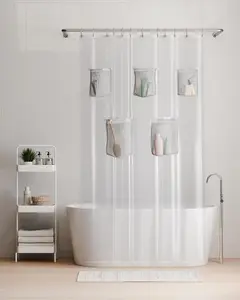 Clear Waterproof Shower Liner with 5 Pockets, Heavyweight PEVA Shower Liner for, with Gray Rustproof Grommets and Mesh Pockets, 70x72, Standard Size, Clear
