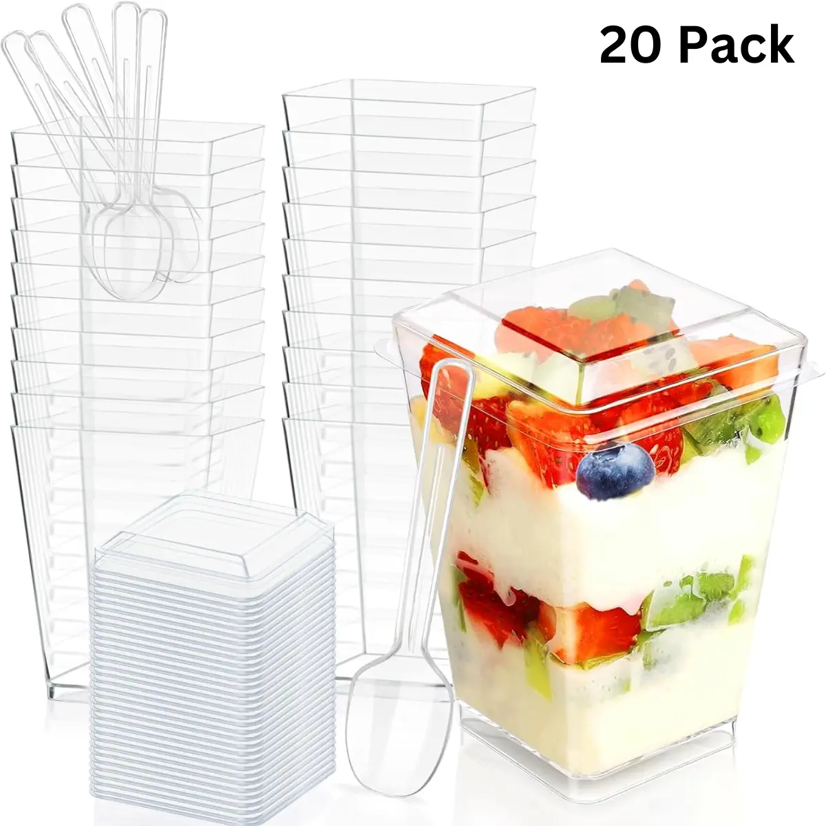 5oz Plastic Dessert Cups with Lids & Spoons, Clear Design, 20 Pack, High-Quality Material, Sturdy and Durable, Perfect for Various Desserts Disposable Set