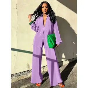 Women's Solid Button Front Shirt & Elastic Waist Pants Two-piece Set, Casual Lettuce Trim Long Sleeve Collared Top & Wide Leg Trousers for Spring & Fall, Women's Outfits for Daily Wear, Womenswear, Clothes