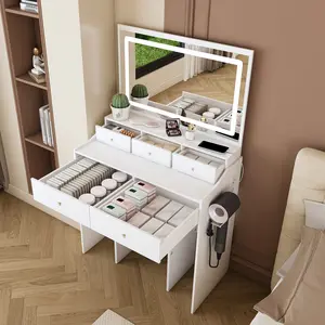 LED Vanity Desk with Large 30.3"x19.3" Mirror & Power Outlet White Modern Makeup Table Set 5 Drawers Hair Dryer Holder 3-Color Lights