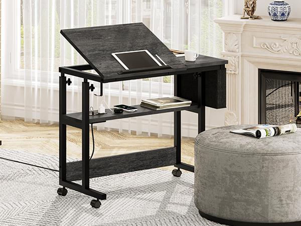 DWVO Height Adjustable Standing Desk with Charging Station, Portable Table with Wheels, Small Standing Rolling Computer Desk with Tiltable Tabletop and Storage Bag