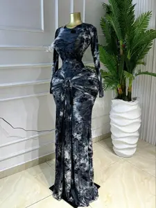 PULKRITU Elegant Women's Printed O-Neck Long Sleeve Ruffled Fitted Dress, Bow Tie Mermaid Long Gown, Formal Cocktail Birthday Holiday Party Dresses,Elegant Ladies Aesthetic Fashionablue Dressy Stacked Side Gown Mermaid Maxi Dresses