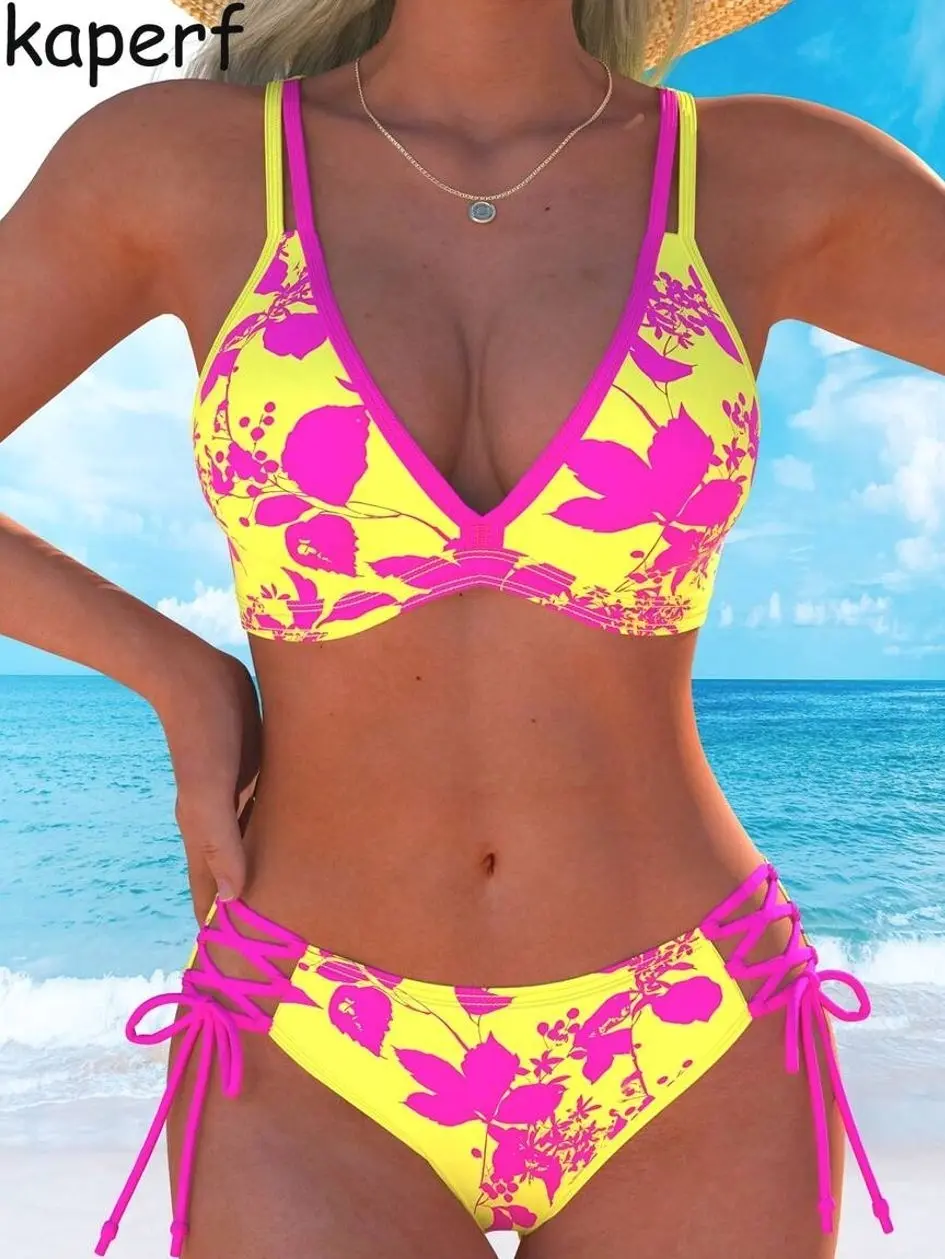Women's Floral Contrast Bikini Set – V-Neck Criss Cross Back, Tie-Side High Cut 2-Piece Swimsuit for Beach & Pool