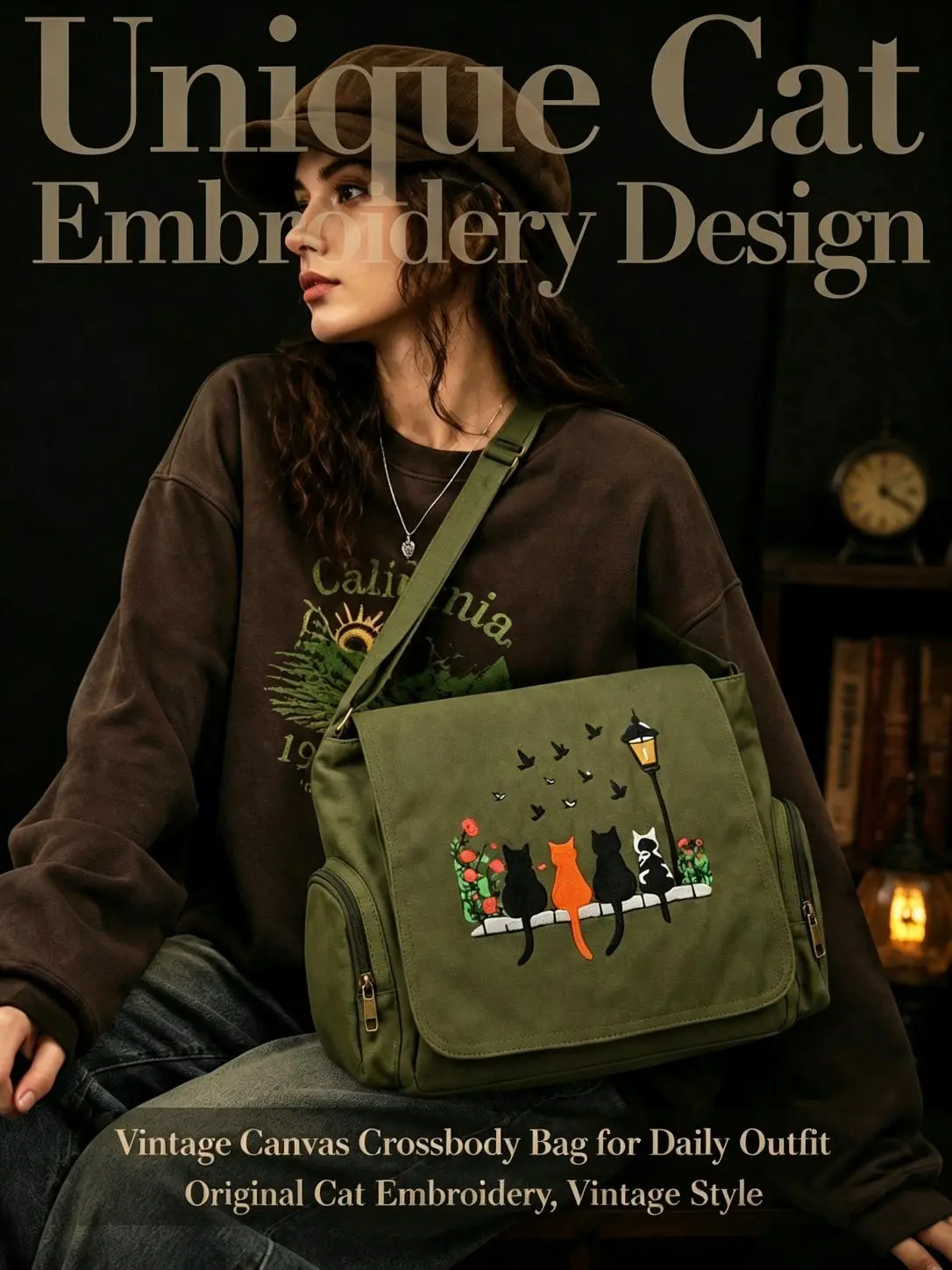 Large-capacity embroidered shoulder bag, retro tote crossbody messenger bag, pouch featuring a design of four cats sitting side by side at a stone table, suitable for various occasions—shopping, travel, and dining—and an excellent gift choice for pet love