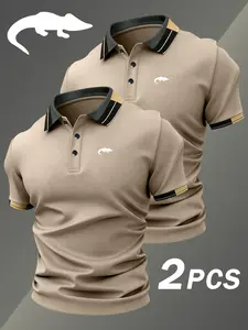 Two-Piece Hh4420 Crocodile Print Men's Button-Down Shirt, Stretchy Casual Breathable All-Season Comfortable High-Quality Polo Shirt
