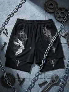 Men's Gothic Angel & Cross Double-Layered Shorts | Black 2-in-1 Athletic Shorts with Ornate Cross & Fallen Angel Print | Dark Streetwear Loose Fit Bottoms for Punk & Urban Wear