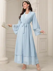 Women's Chiffon Dress with Belt, Classic Middle Eastern Style, Two-Layer Design, Plain Color, Casual Fashion for Spring & Fall, Modest Style Dress, Muslim Evening Dress, Modest Muslim Outfits