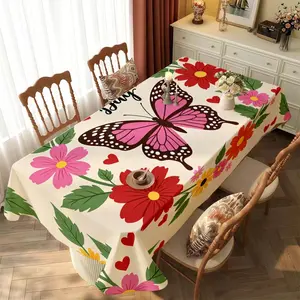 1 Piece Polyester Tablecloth, Multiple Specifications Available, Multi - Color, Thickened, Waterproof & Oil - Resistant, Washable, for Home & Outdoor Use, Featuring Pink Butterfly & Floral Pattern (As Shown In Image)
