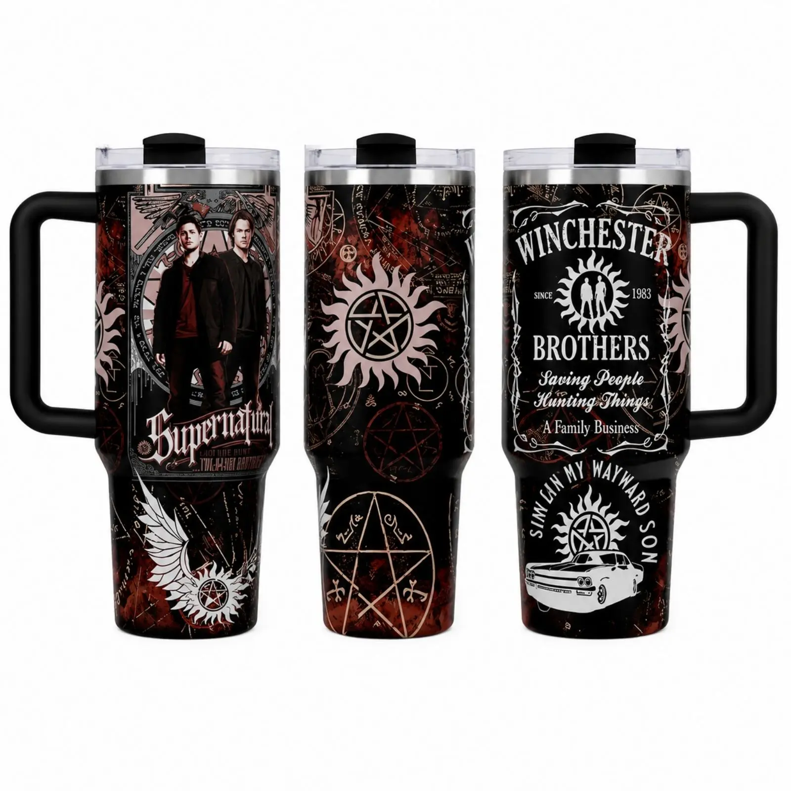 Supernatural Inspired 40oz Tumbler with Handle and Straw, Winchester Brothers Anti-Possession Symbol Insulated Travel Mug, Saving People Hunting Things Gift for Dean and Sam Fans